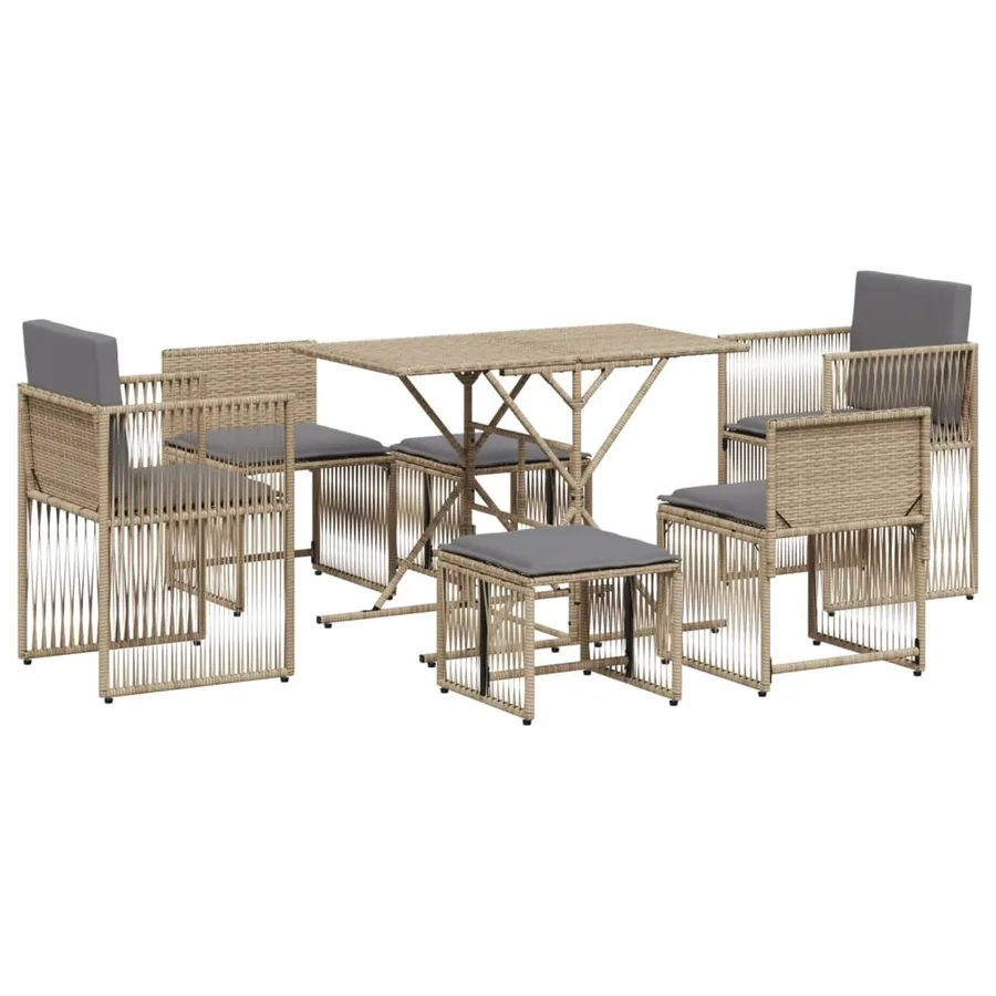 Ensemble à manger de jardin et coussins 7 pcs beige poly rotin - 2