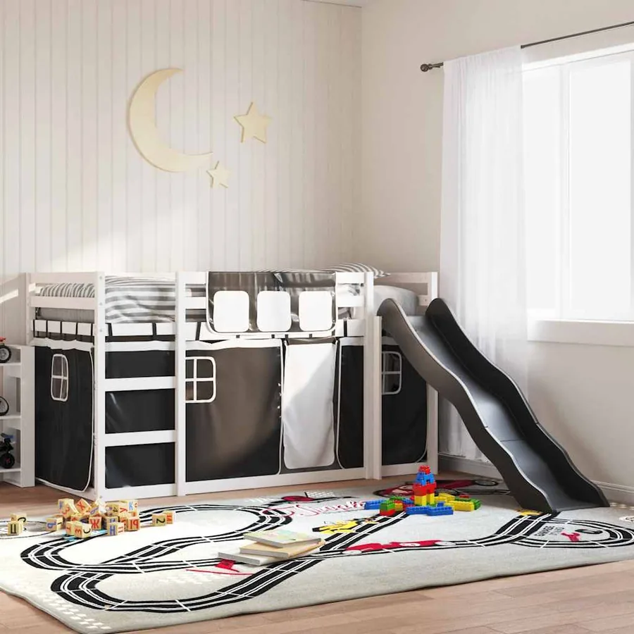 Lit superposé sans matelas avec toboggan blanc noir 90x200 cm