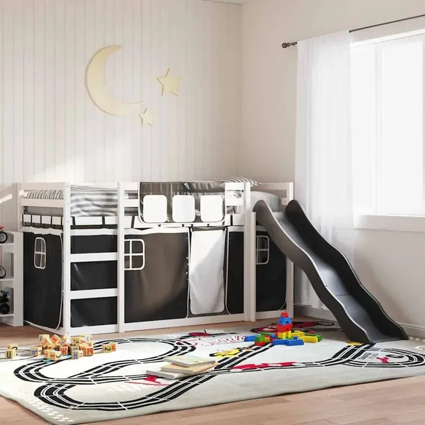 Lit superposé sans matelas avec toboggan blanc noir 90x200 cm