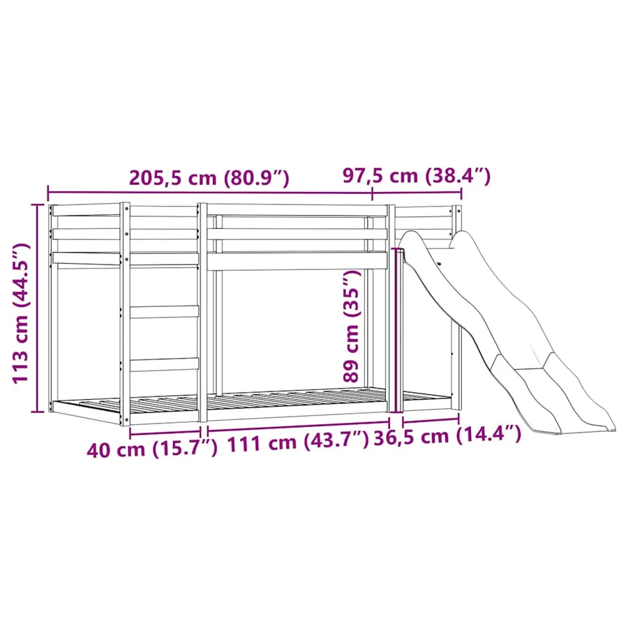 Lit superposé sans matelas avec toboggan blanc noir 90x200 cm - 15