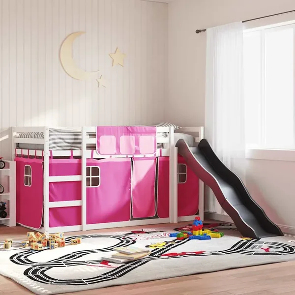 Lit superposé sans matelas avec toboggan et rideaux 90x200 cm