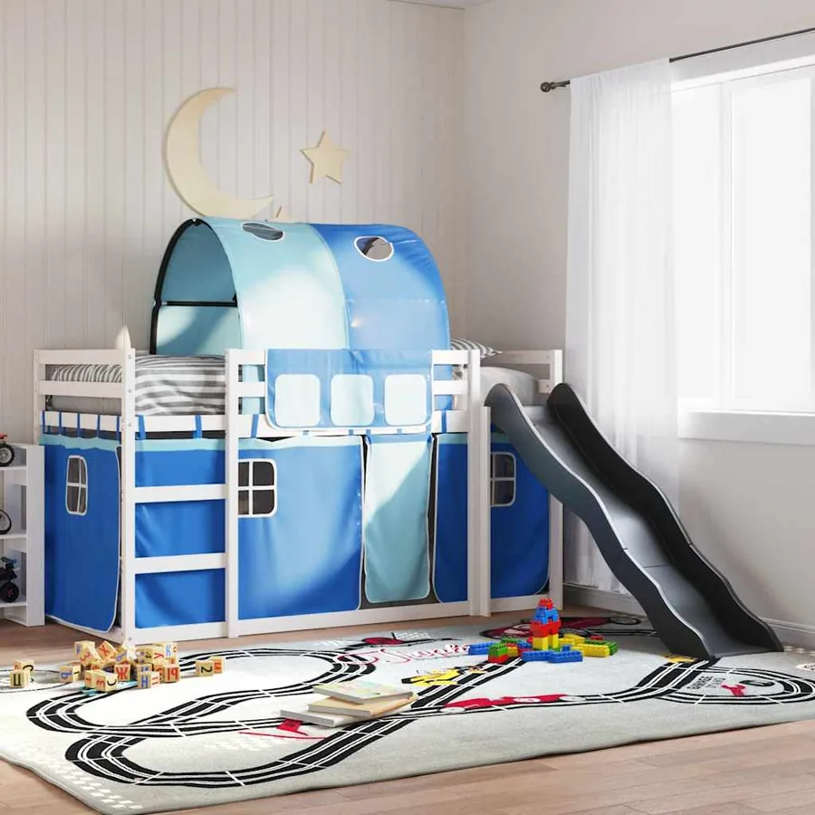Lit superposé sans matelas avec toboggan et rideaux 90x200 cm