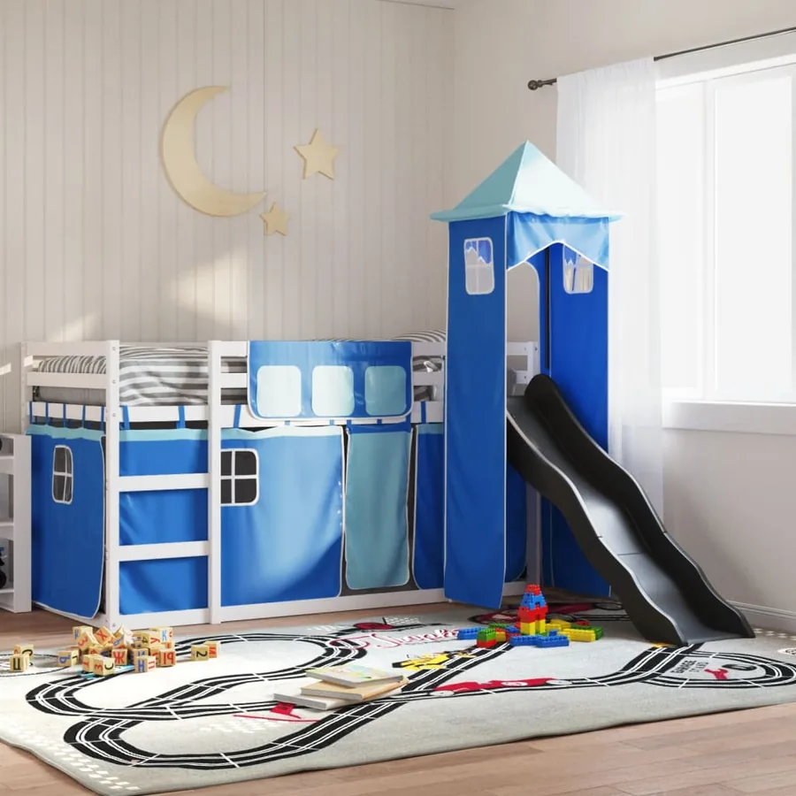 Lit superposé sans matelas avec toboggan et rideaux 90x200 cm