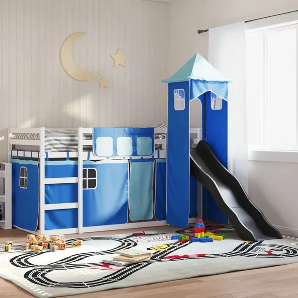 Lit superposé sans matelas avec toboggan et rideaux 90x200 cm