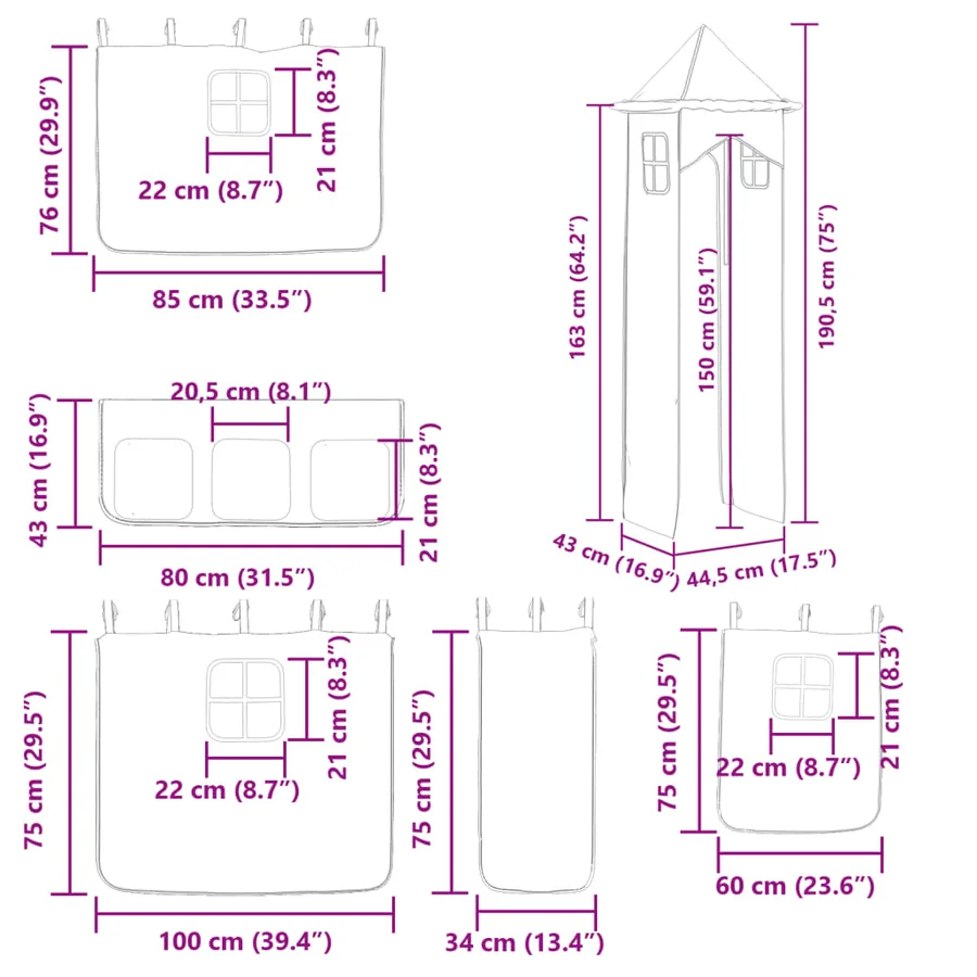 Lit superposé sans matelas avec toboggan et rideaux 90x200 cm - 17