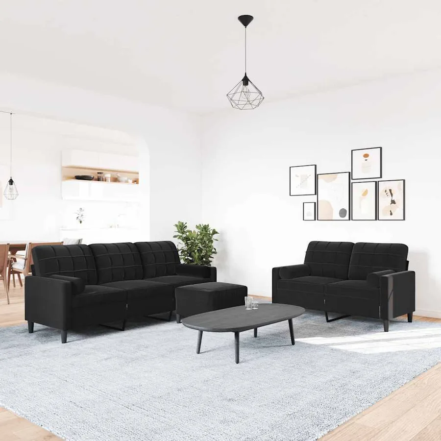 Ensemble de canapés 3pcs et coussins et traversins noir velours - 3
