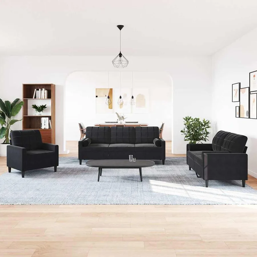 Ensemble de canapés 3pcs et coussins et traversins noir velours - 3