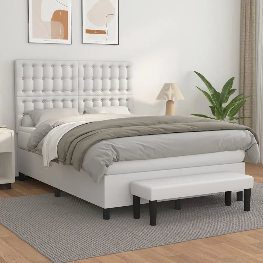 Sommier à lattes de lit avec matelas Blanc 140x200cm Similicuir