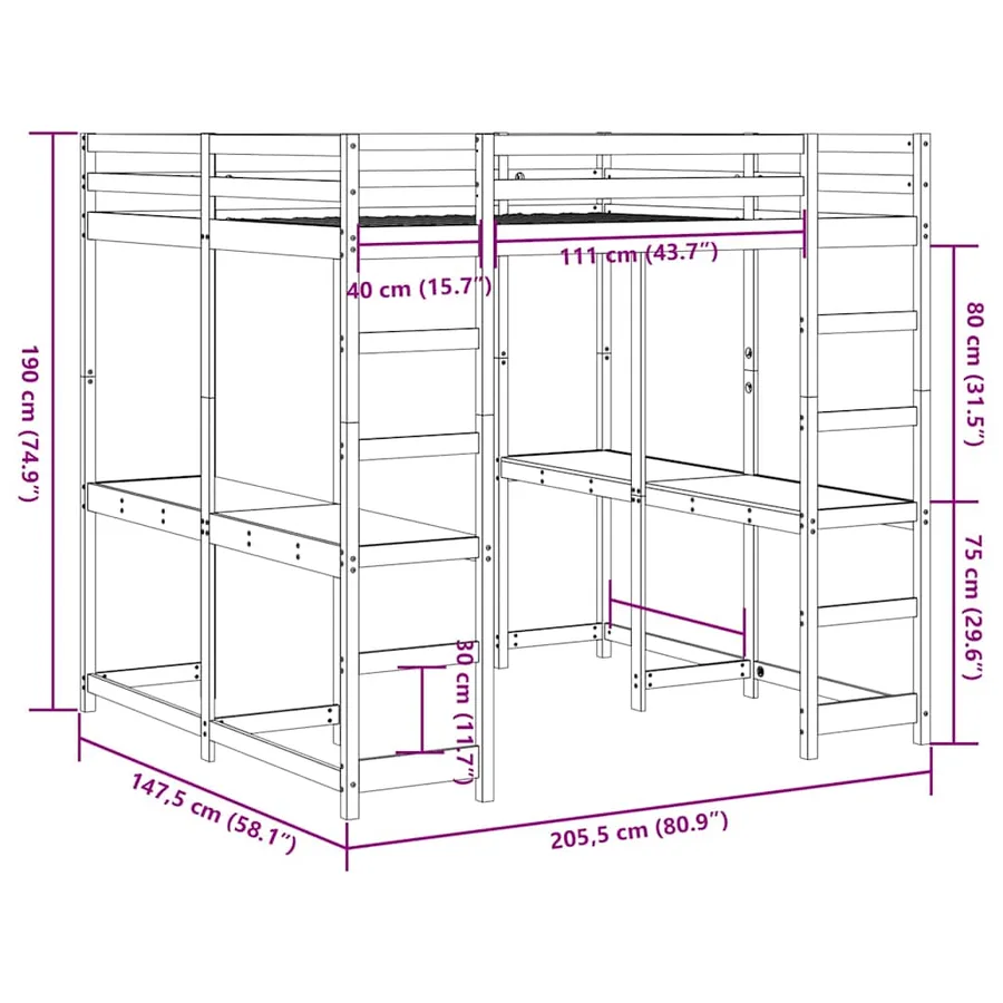 Lit superposé et bureau et échelle 140x200cm bois de pin massif - 10