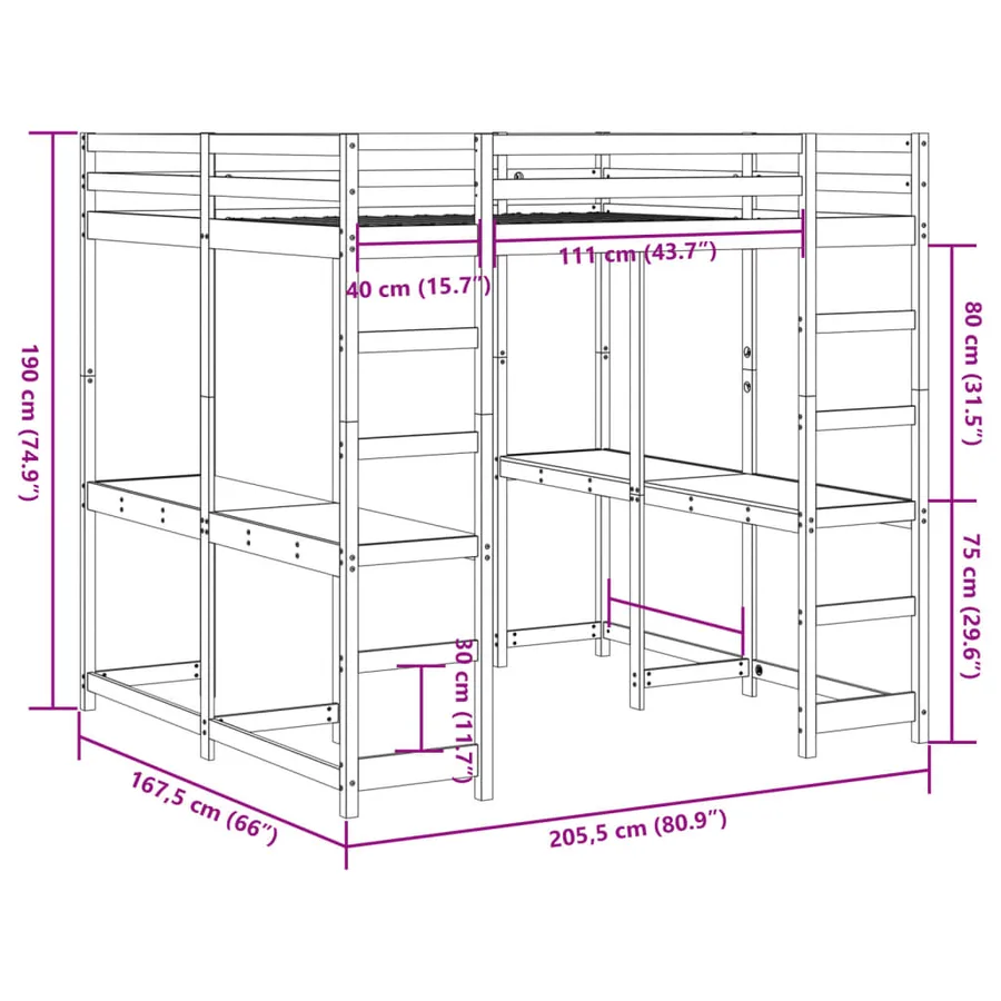 Lit superposé et bureau et échelle 160x200cm bois de pin massif - 10