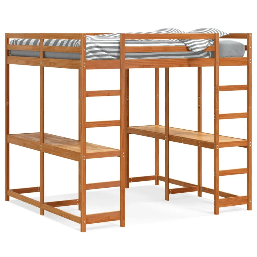 Lit superposé et bureau et échelle 160x200cm bois de pin massif - 2