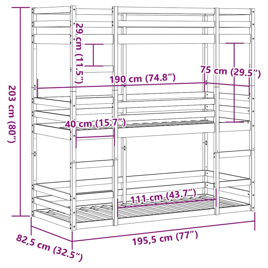 Lit superposé triple sans matelas 75x190 cm bois de pin massif - 10