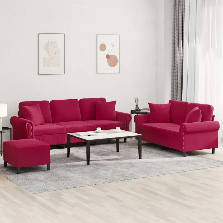 Ensemble de canapés 3 pcs avec coussins rouge bordeaux velours