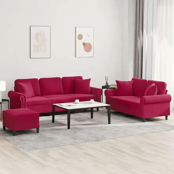 Ensemble de canapés 3 pcs avec coussins rouge bordeaux velours