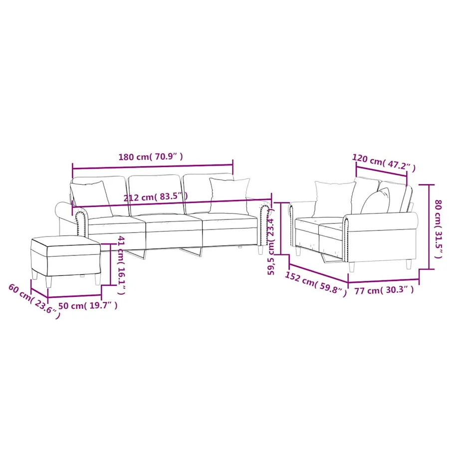Ensemble de canapés 3 pcs avec coussins rouge bordeaux velours - 10