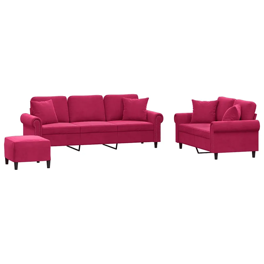 Ensemble de canapés 3 pcs avec coussins rouge bordeaux velours - 2