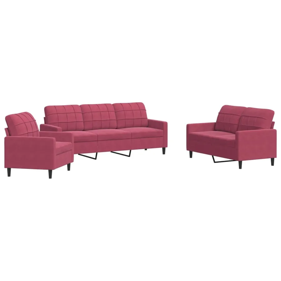 Ensemble de canapés 3 pcs avec coussins Rouge bordeaux Velours - 2