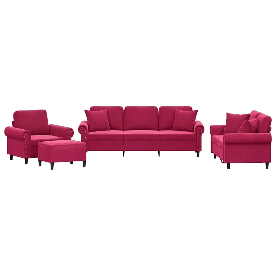 Ensemble de canapés 4 pcs avec coussins rouge bordeaux velours - 2