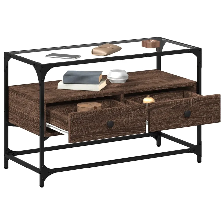 Meuble TV avec dessus en verre chêne marron bois d'ingénierie - 3
