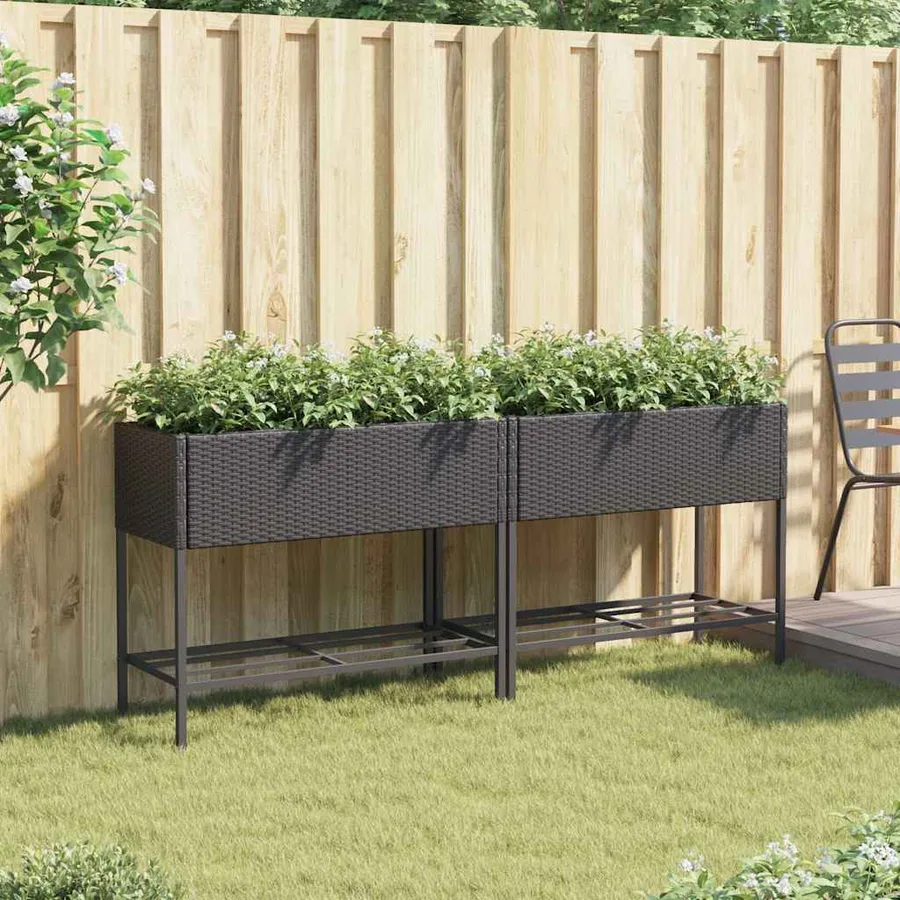 Jardinières avec étagère 2 pcs noir 90x40x75 cm résine tressée - 3