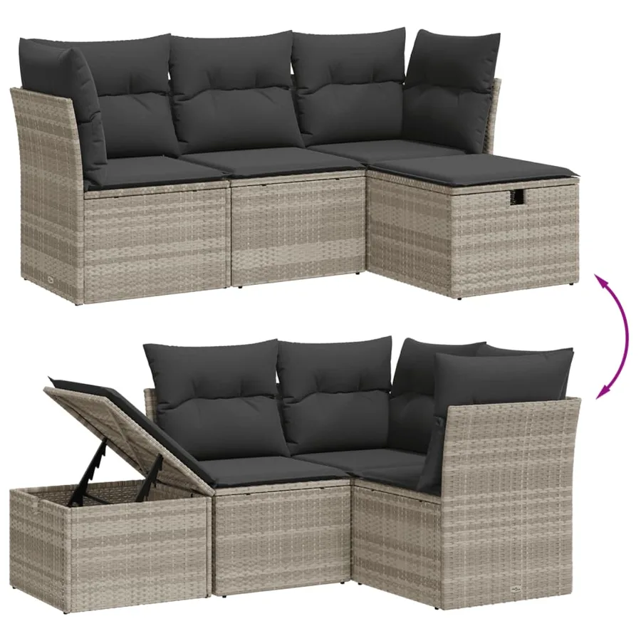 Salon de jardin 4 pcs avec coussins gris clair résine tressée - 3