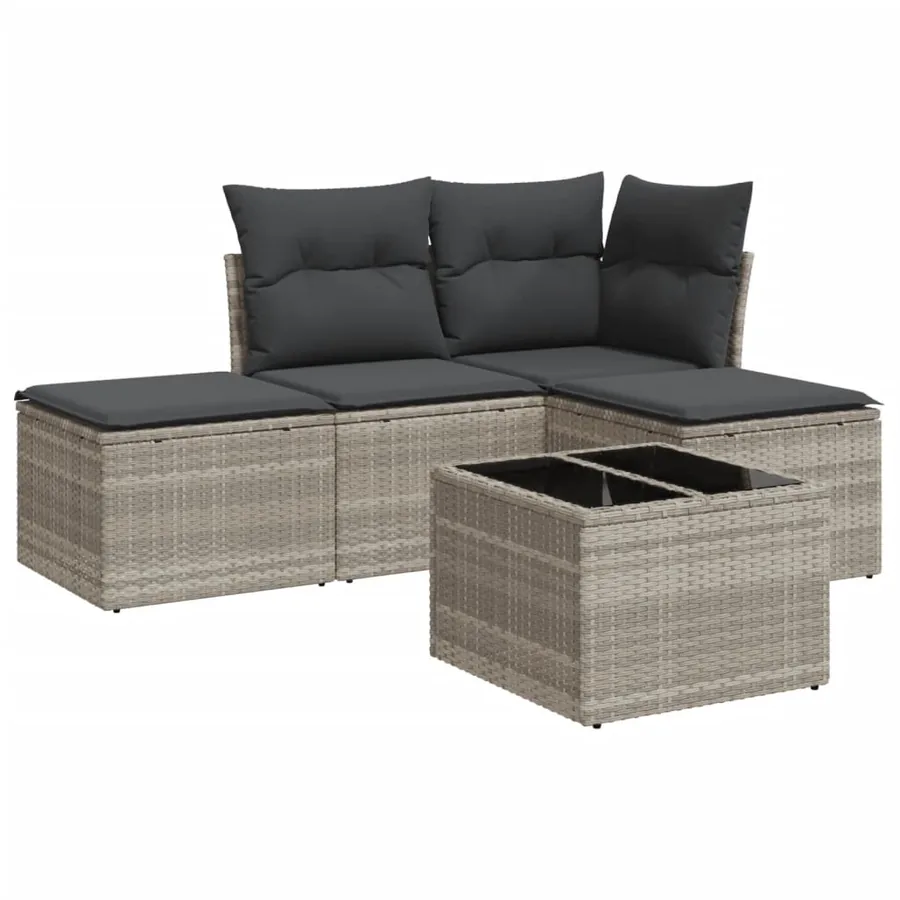 Salon de jardin 5 pcs avec coussins gris clair résine tressée - 2