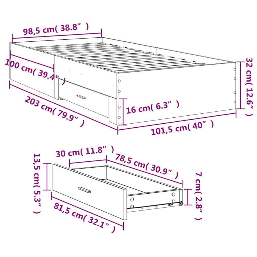 Cadre de lit avec tiroirs sans matelas blanc 100x200 cm - 10