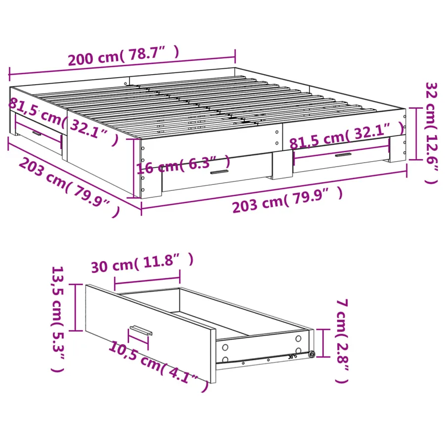 Cadre de lit avec tiroirs sans matelas sonoma gris 200x200 cm - 10