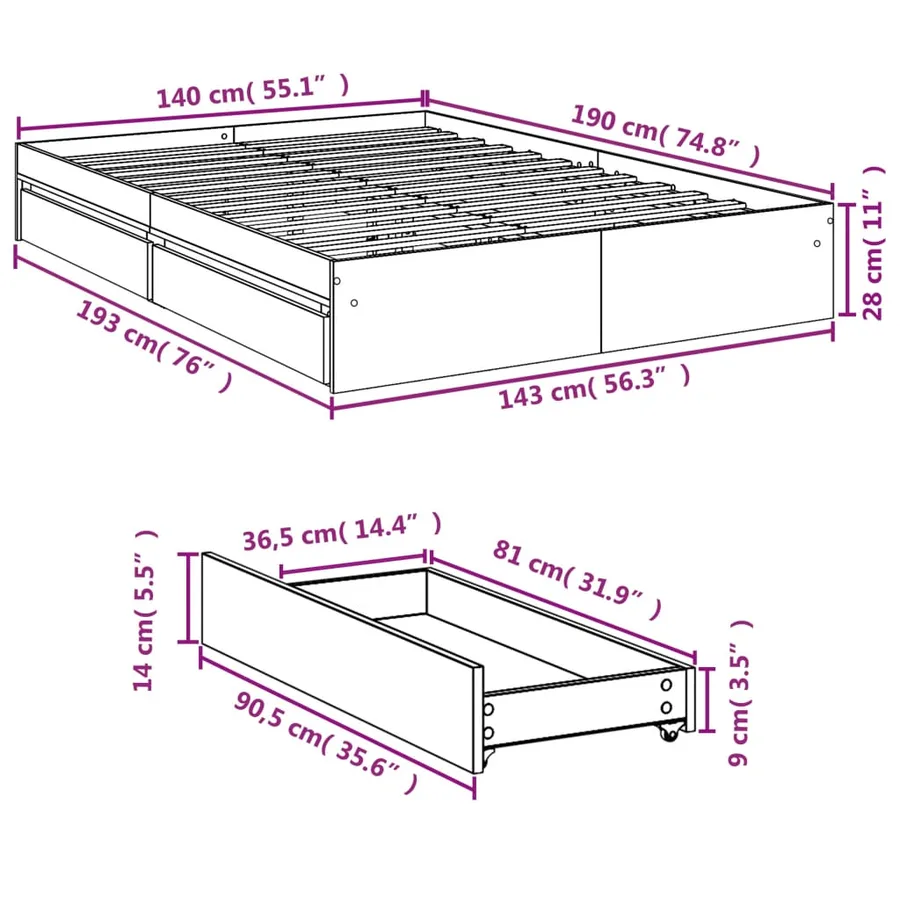 Cadre de lit avec tiroirs sans matelas blanc 140x190 cm - 10