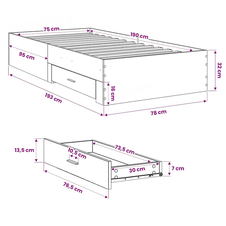 Cadre de lit avec tiroirs sans matelas chêne marron 75x190 cm - 10