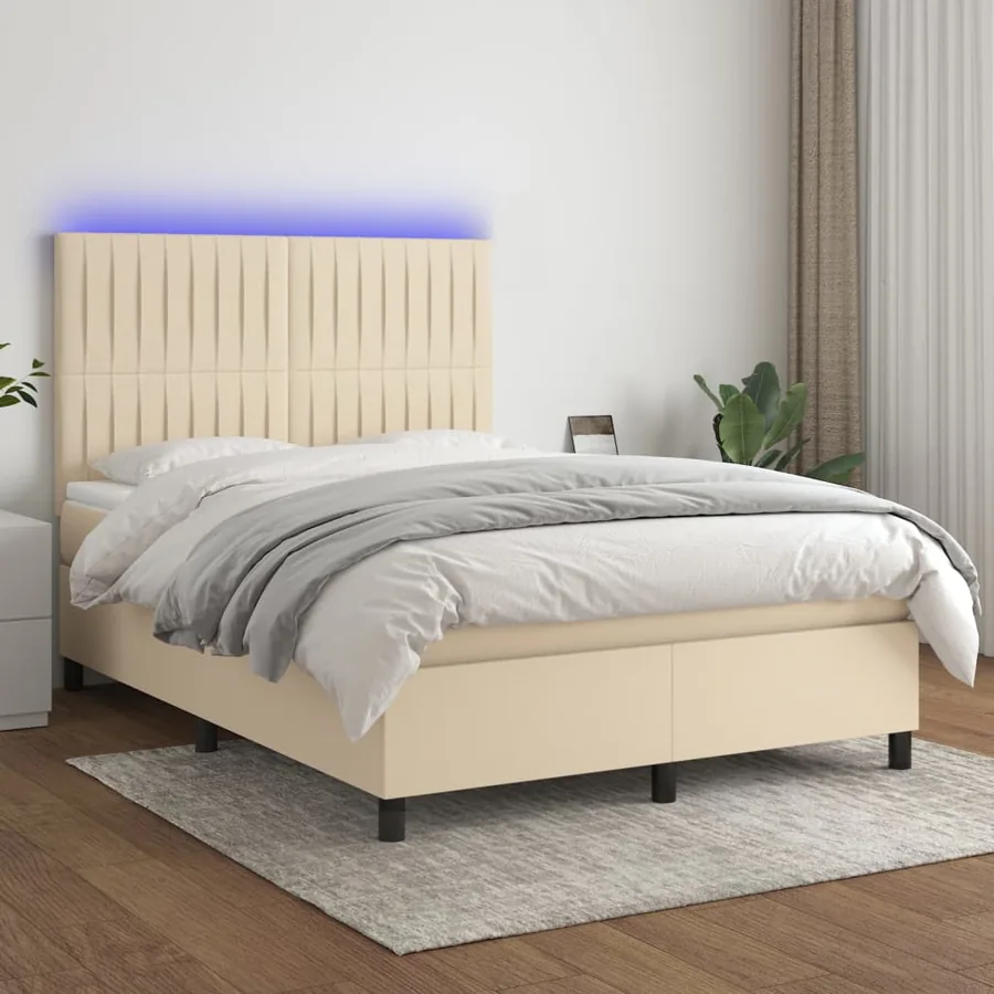 Sommier à lattes de lit et matelas et LED Crème 140x190cm Tissu