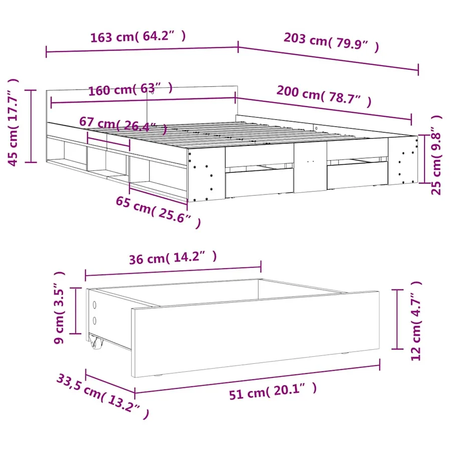 Cadre de lit avec tiroirs sans matelas gris béton 160x200 cm - 10