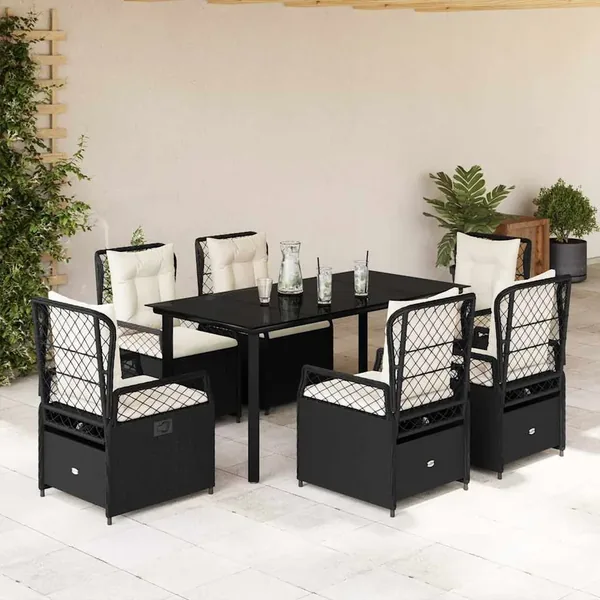 Ensemble à manger de jardin coussins 7pcs Noir Résine tressée