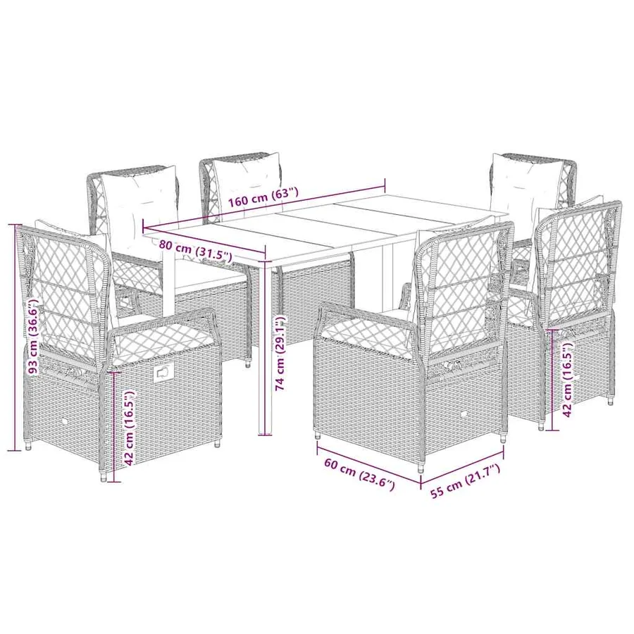 Ensemble à manger de jardin coussins 7pcs Noir Résine tressée - 8