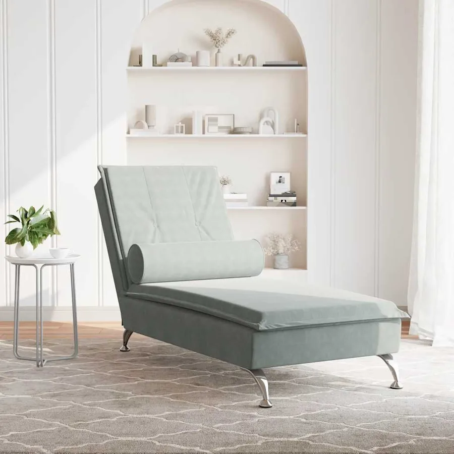 Chaise longue de massage avec traversin gris clair velours - 3