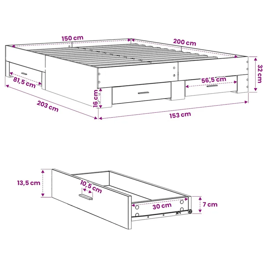 Cadre de lit avec tiroirs sans matelas blanc 150x200 cm - 10