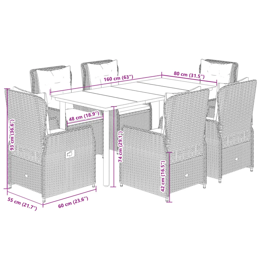 Ensemble à manger de jardin et coussins 7 pcs marron rotin - 8