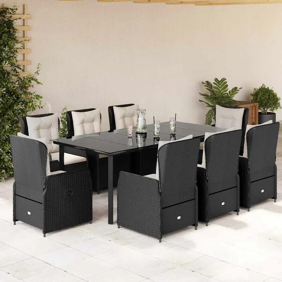 Ensemble à manger de jardin 9pcs coussins noir résine tressée