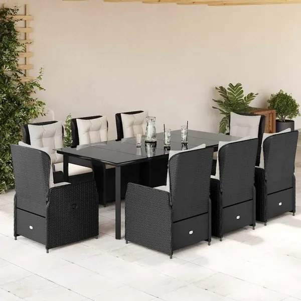 Ensemble à manger de jardin 9pcs coussins noir résine tressée