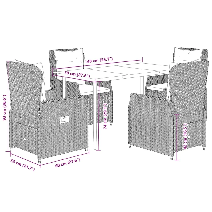 Ensemble à manger de jardin et coussins 5 pcs gris clair rotin - 8