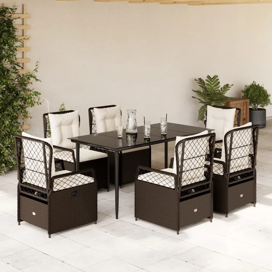 Ensemble à manger de jardin et coussins 7 pcs marron rotin