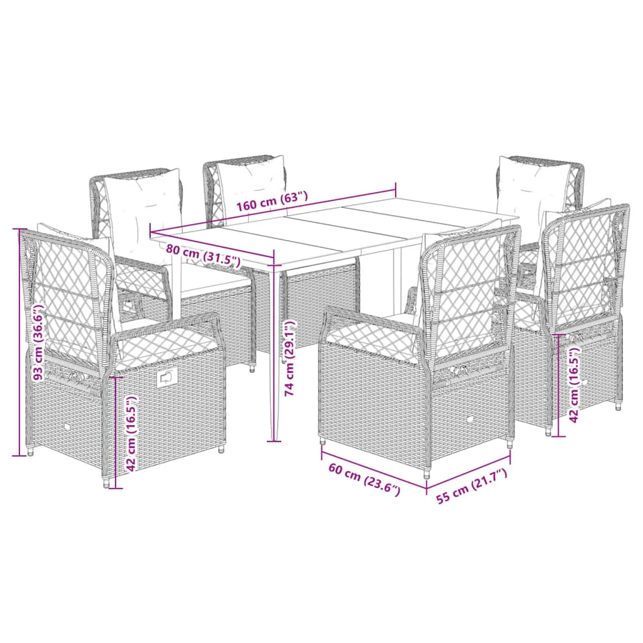 Ensemble à manger de jardin et coussins 7 pcs marron rotin - 8