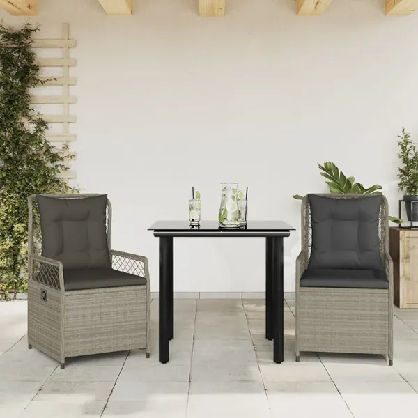 Ensemble à manger de jardin 3pcs coussins gris clair poly rotin