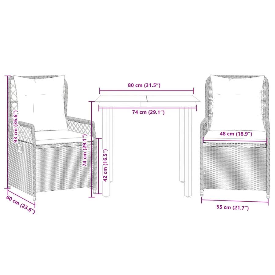 Ensemble à manger de jardin 3pcs coussins gris clair poly rotin - 8