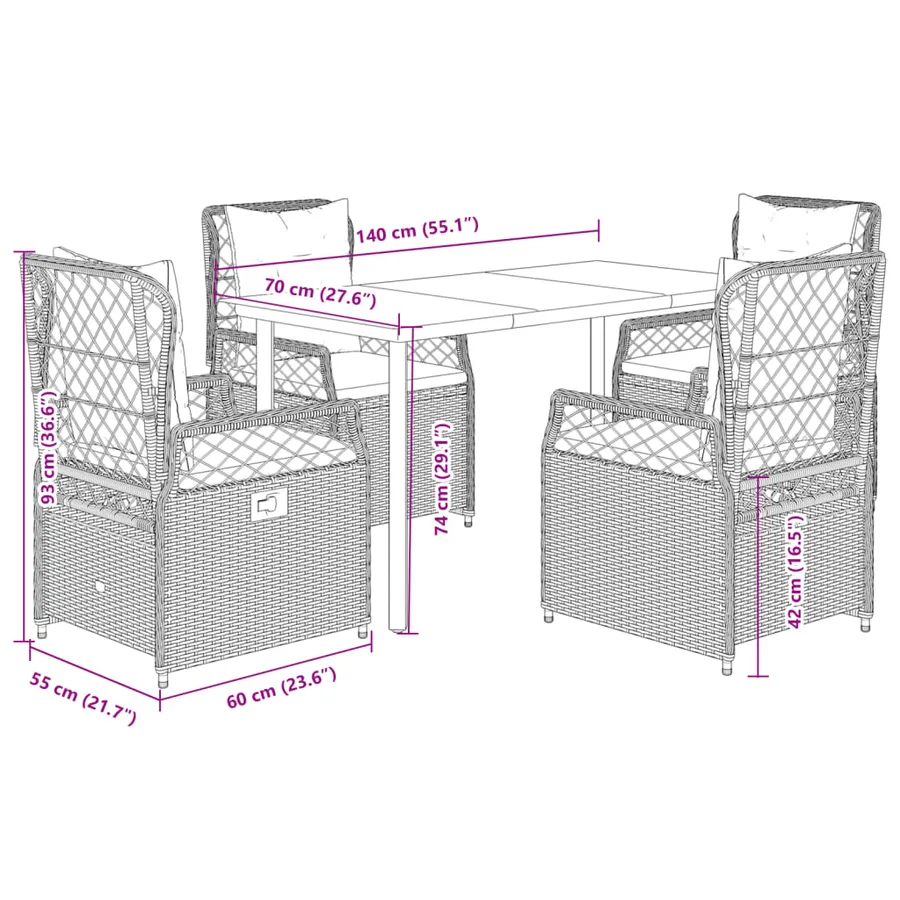 Ensemble à manger de jardin et coussins 5 pcs gris clair rotin - 8