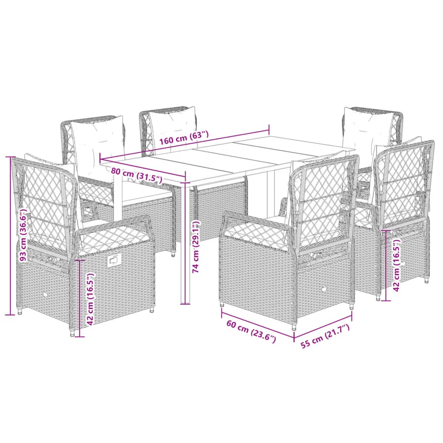 Ensemble à manger de jardin et coussins 7 pcs marron rotin - 8
