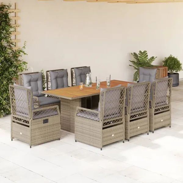 Ensemble à manger de jardin et coussins 9 pcs beige Poly rotin