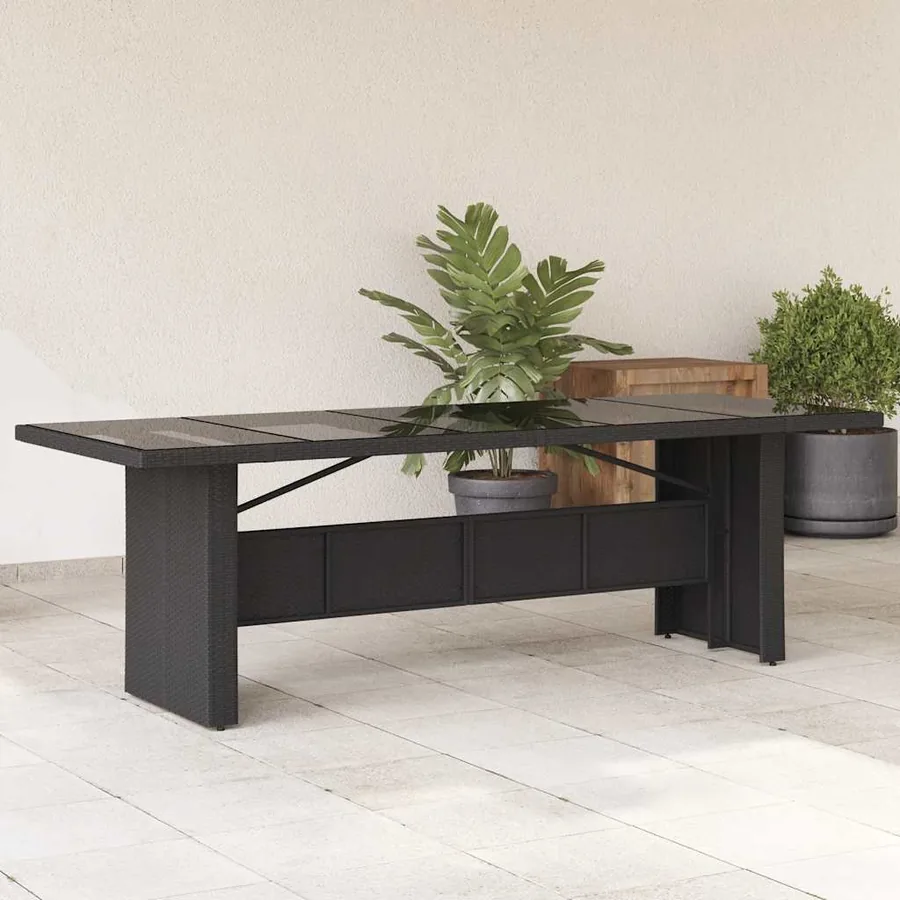 Table de jardin dessus en verre noir 240x90x75cm résine tressée
