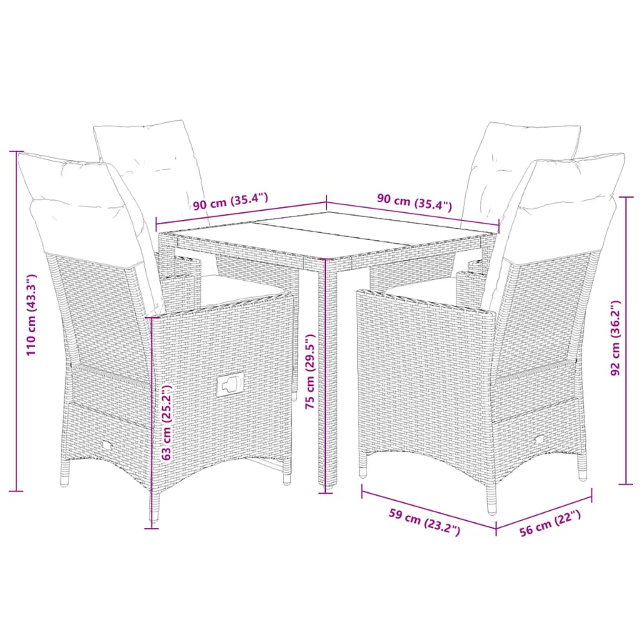 Ensemble à manger de jardin coussins 5pcs noir résine tressée - 9