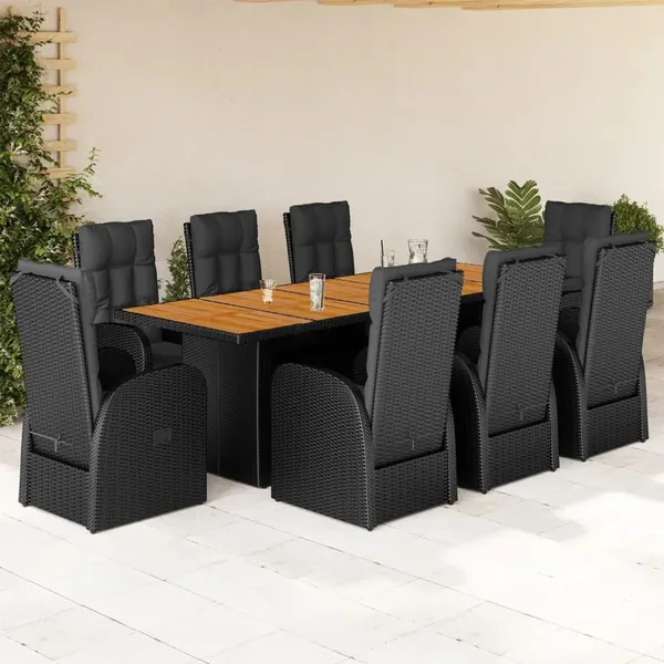 Ensemble à manger de jardin 9pcs coussins noir résine tressée